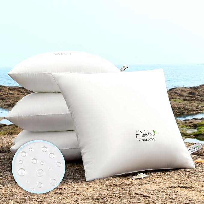 Ashler Outdoor Waterproof Pillow Inserts - 16 x 16 Pillow Inserts Set of 4, Water Resistant Hypoallergenic Pillows Decorative for Garden, Square Lumbar Pillow for Sofa Couch