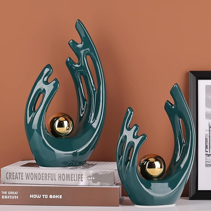 LCCCK 12" H Teal Gold Aesthetic Room Decor Accent, TV Stand Funky Table Centerpiece, Abstract Art Ceramic Statue and Sculpture, Teal Decor for Living Room, Bookshelf Decorative Objects, Shelf Decor