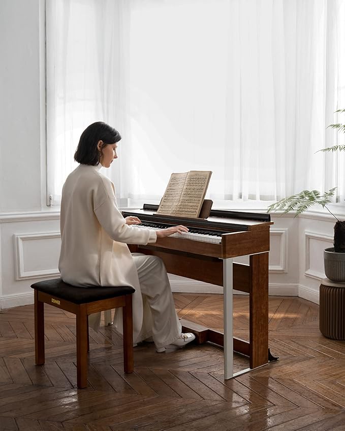 Donner Piano Bench with Storage, Solid Wood Keyboard Bench Piano Bookcase Stool Chair Seat with High-Density Suede Cushion, Brown