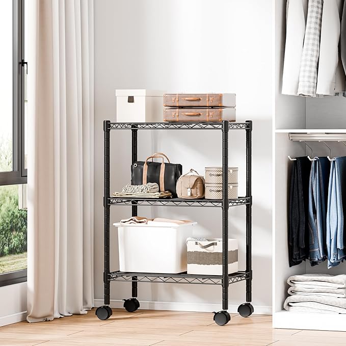 DUMOS 3 Tier Metal Shelving, Heavy Duty Shelves Wire Shelving Unit with Removable Wheel Casters, Shelves Organizer for Bathroom Garage Living Room Kitchen Pantry Laundry