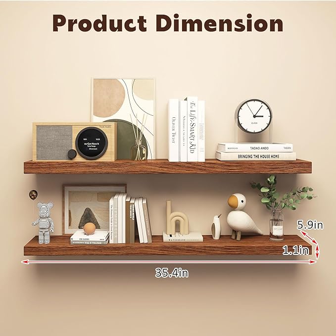 Floating Shelves for Wall, Set of 2 Solid Wood Wall Shelves for Bathroom, Small Hanging Shelf for Books Storage Room Decor (Walnut, 24in)