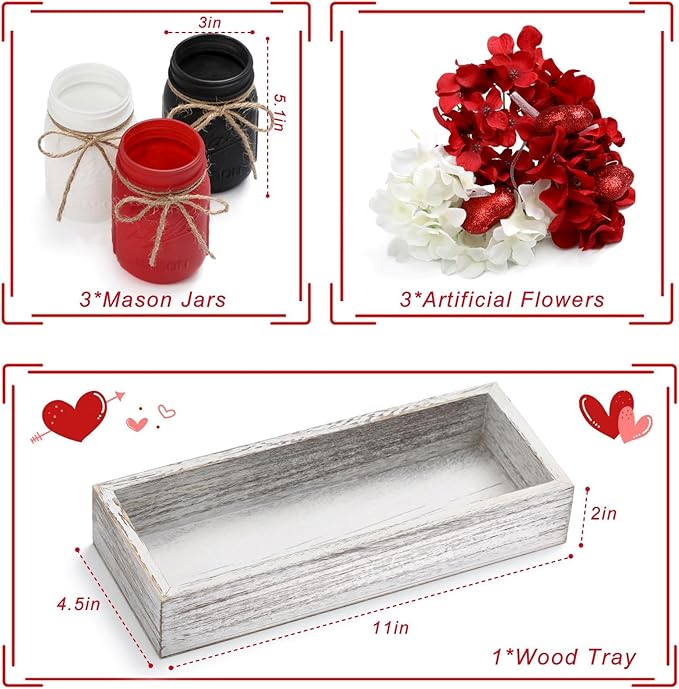 Valentines Table Decor, Valentines Mason Jar Centerpiece for Table with Wood Tray, Black Painted Decorative Mason Jars for Valentine‘s Decorations Kitchen Decor, Mothers Day Gift for Women