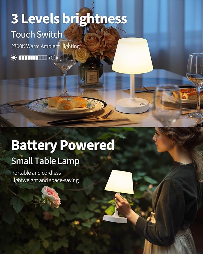 PUSU Cordless LED White Small Table Lamp, Waterproof Shower Light with 4000mAh Battery, Portable Rechargeable Touch Dimming Night Light for Bathroom, Outdoor Camping, Kitchen, Patio, Restaurant