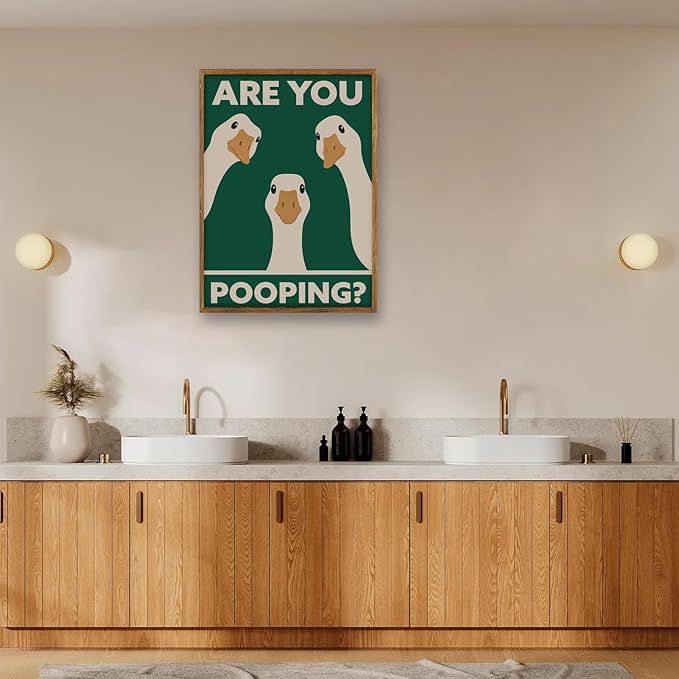 RVETNGVM Funny Three Geese Wall Art Are You Pooping Vintage Bathroom Decor Poster Animals Goosey Humorous Bathroom Aesthetic Prints Painting For Fun Restroom Wall Decor Framed 16"x24"