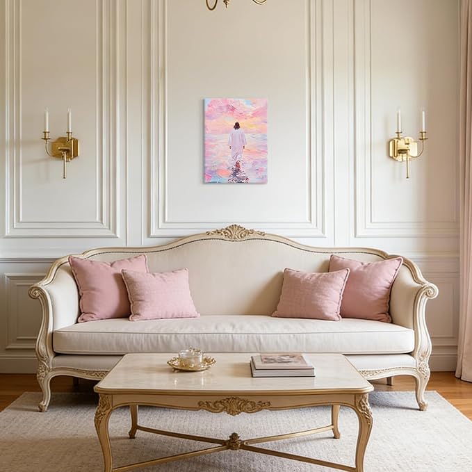 Jesus Wall Art, Pink Jesus Walking on Water Canvas Prints Painting, Christian Wall Decor Religious Poster Pictures Artwork for Living room Bedroom Church 12x16 in Framed