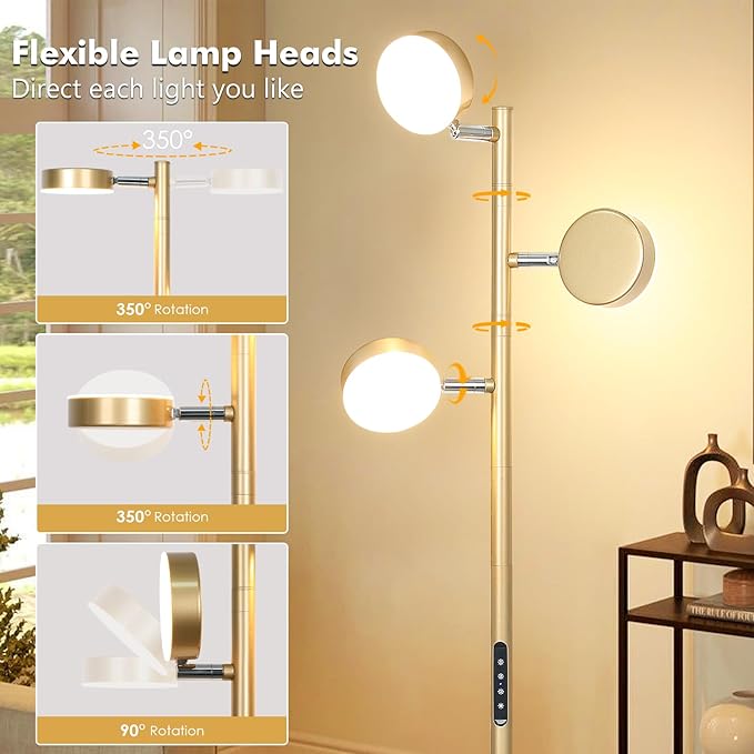 Tree Floor Lamp for Living Room - Modern Glod Standing Lamp, LED Floor Light with Remote & Touch, 3000K-6000K Dimmable for Bedroom Office Reading (3 Head)