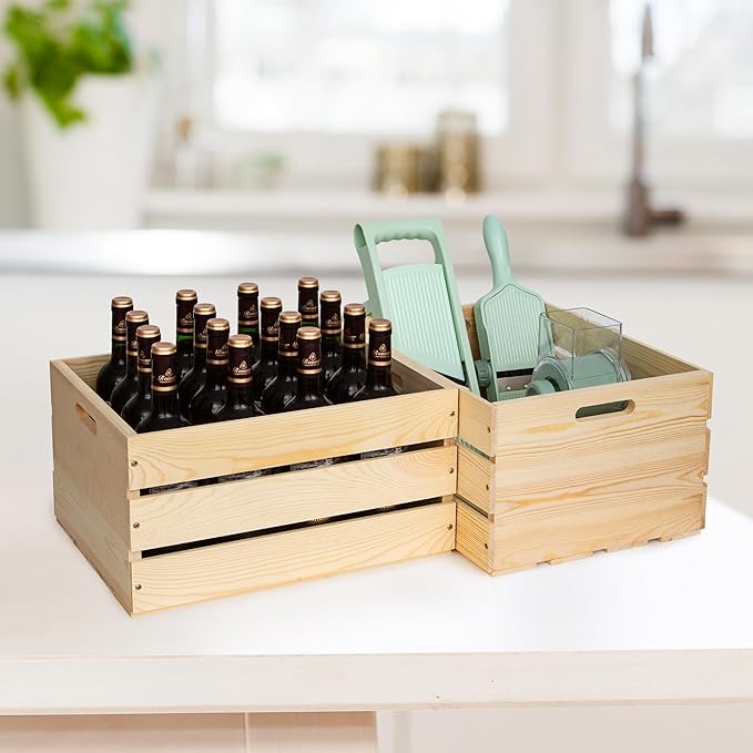 3 Pieces Large Pine Wood Crates For Storage, Unfinished Natural Wooden Crates, 17" x 13" x 8.9" Each, Holds Up to 50 Pounds