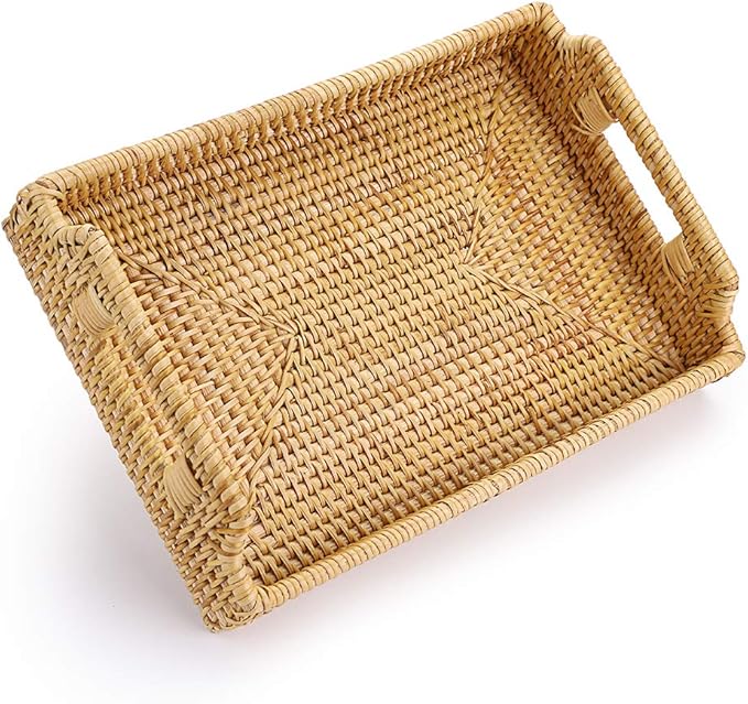 Hipiwe Rattan Serving Tray with Handles - Hand-Woven Decorative Tray for Storage Breakfast, Drinks, Snack,Rectangular Basket Organizer Tray for Coffee Table, Home Decor (Small)