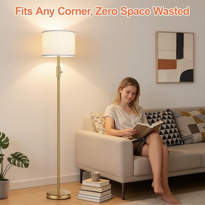 Yemela 【Upgraded】 Dimmable Gold Floor Lamps for Living Room, 11W LED Bulb Included, Modern Standing Lamp with White Lamp Shade, Tall Pole Light for Bedroom Reading Office Corner Nursery