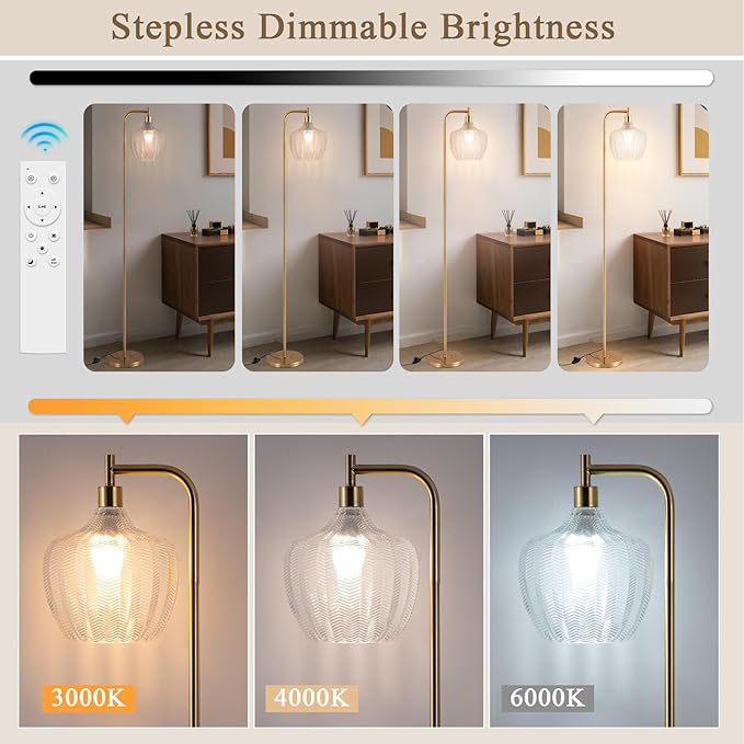 JERANDO Gold Floor Lamp for Living Room, Modern Standing Lamp with Remote, Dimmable Clear Glass Tall Lamp, Mid Century Vintage Floor Lamps for Bedroom, Study Room (Clear)