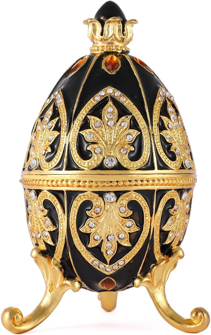 Trinket Box with Hinged Black Easter Egg Enameled Jewelry Box Classic Ornaments Metal Craft Gift for Home Decor
