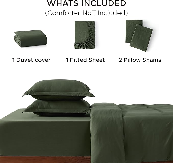 Bedsure Duvet Cover King Size with Fitted Sheet - 4 Pieces Prewashed Cotton-Like Extra Soft Bedding Set, Includes 1 Duvet Cover 104x90 Inches, 2 Pillow Shams, 1 Fitted Sheet, Olive Green