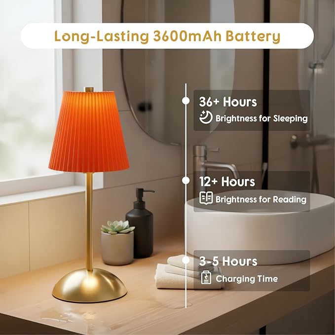 Set of 2 Cordless Table Lamps Rechargeable, 3CCT & Stepless Dimming, LED Wireless Outdoor Table Lamp with Touch Activation for Tabletop Bedside Patio, 12 * 5 Inches (Tangerine Orange)