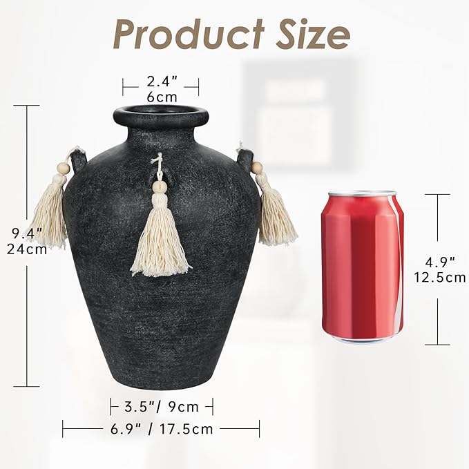 Large Decorative Ceramic Vase with Tassels, 9.4" Black Vintage Flower Vase with Handles, Textured Rustic Farmhouse Vases for Home Decor, Table Centerpiece, Living Room, Entryway, Wedding, Party Decor