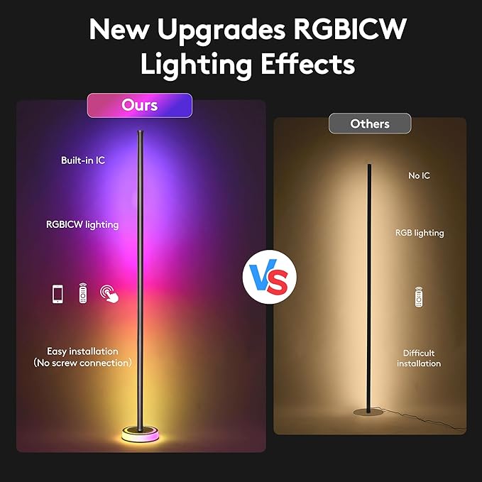 Corner Floor Lamp - Smart RGBICW LED Corner Lamp with App & Remote Control, 16 Million DIY Colors & 68+ Scene, Music Sync, Timer Setting, Modern Floor Lamp for Bedroom, Gaming Room, Room Decor