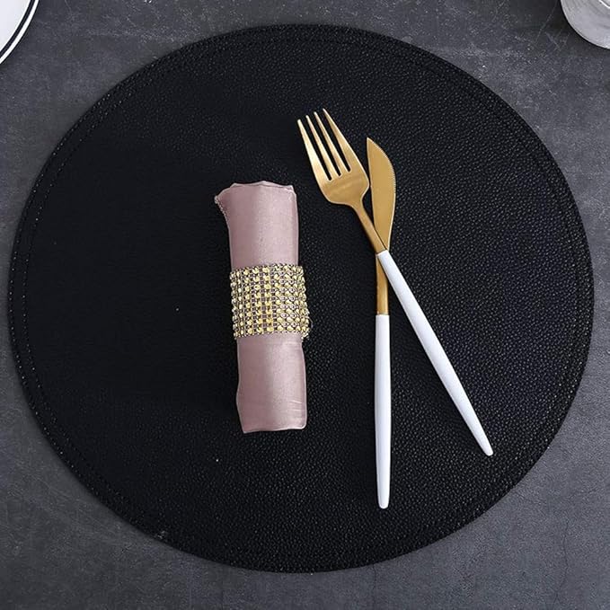 Faux Leather Round Placemats and Coasters, Disko Table Mats and Drink Spills Coasters, Easy to Clean, Double Stitched for Kitchen Dining Table, Diameter 13''and 3.9''