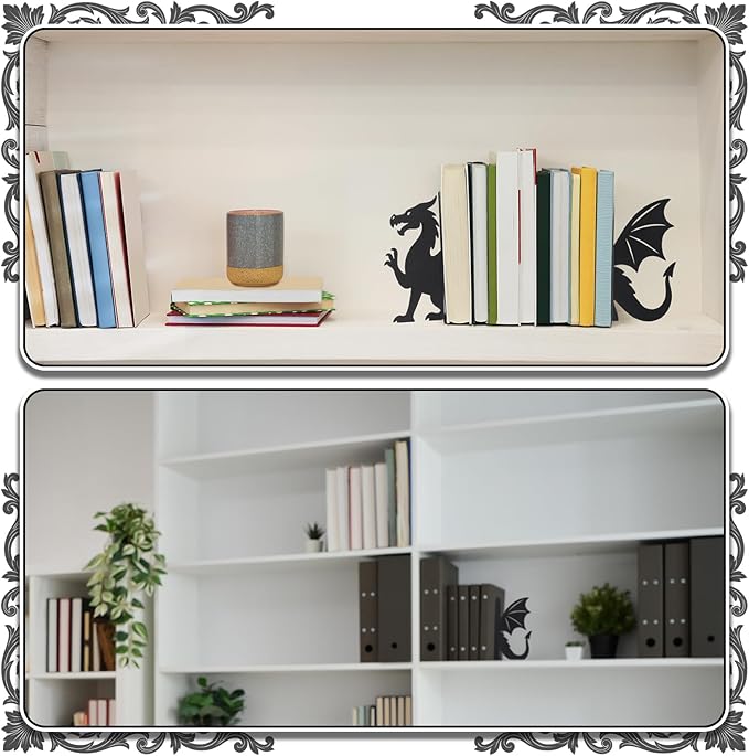 Geelin Dragon Metal Bookends Set of 2 Styles Fantasy Book Ends for Shelves Bookshelf Home Office Desk Bookshelf Decor Gift for Dragon Lovers and Reading Enthusiasts