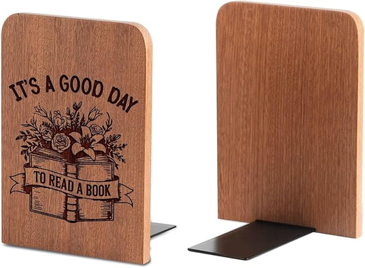 Book Lovers Gifts, Novelty Bookends Unique, Gifts for Book Lovers, Heavy Duty Wooden Book Ends for Shelves Decorative(1 Pair, 4.72x6.69 Inches) - Good Day