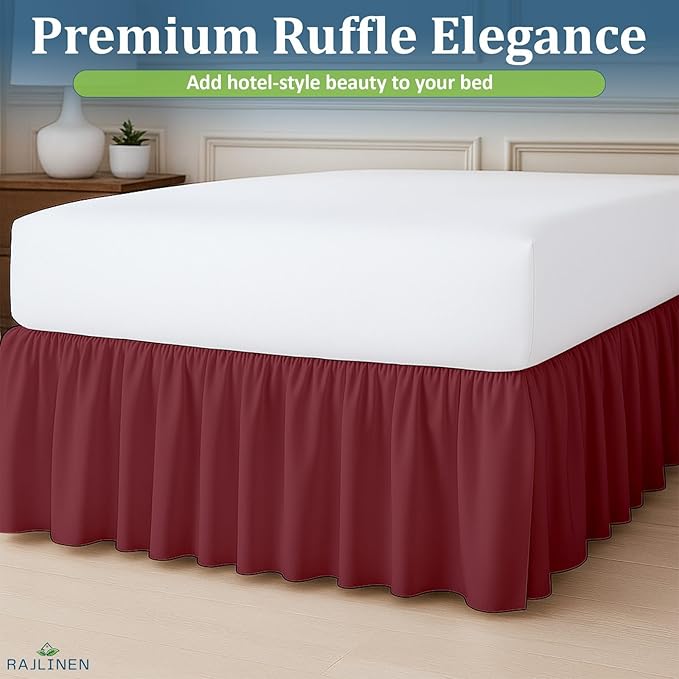 Rajlinen Ruffled Bed Skirt Queen, 21 Inch Drop Dust Ruffle with Split Corners, 100% Microfiber Bedskirt with Platform, Three-Sided Coverage Ruffled Gathering Design, Burgundy