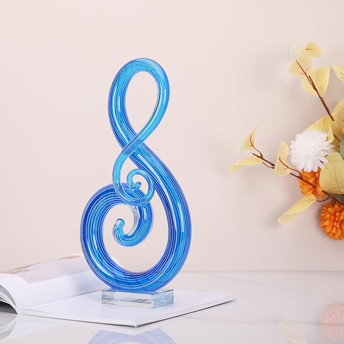 LCCCK 13" H Large Glass Sculpture Blue Hand Blown Glass Figurines Art Music Decor, Modern Red Glasses Decor Crystals Statue Knick Knacks- for Luxury Home Living Room Office Console Table Decoration