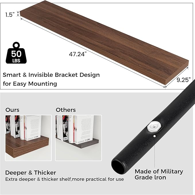Floating Shelves for Wall 48"W x 9"D x 1.5"H, Long Engineered Wood Wall Shelves with Invisible Brackets for Living Room Bedroom Bathroom Office Kitchen Decor and Storage, Walnut Finish, Set of 2