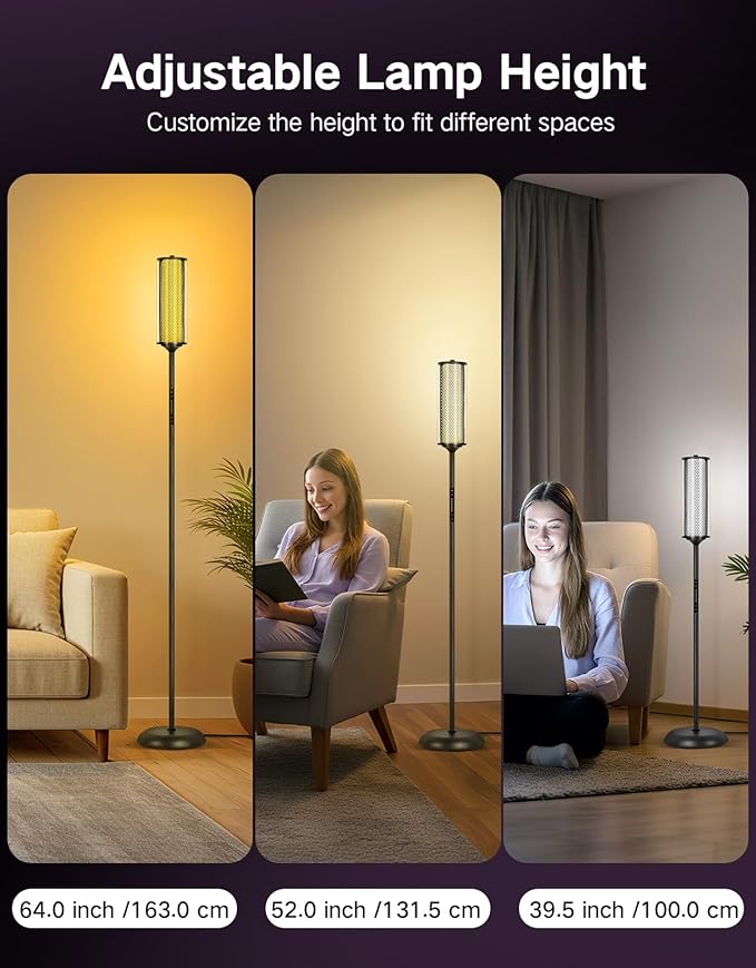 OUTON LED Floor Lamp with Remote & APP Control, Tall Standing Lamp, 16 Million Colors, 32 Scene Modes & Music Sync, Modern Corner Lamps for Living Room, Bedroom, Gaming, Black & Glass Lampshade