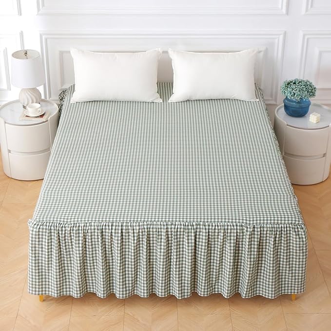 Silnuo Sage Green Plaid Bed Skirt Washed Cotton Shabby Gingham Checkered Dust Ruffle King Size 18" Bedding(1 Bed Skirt Only)