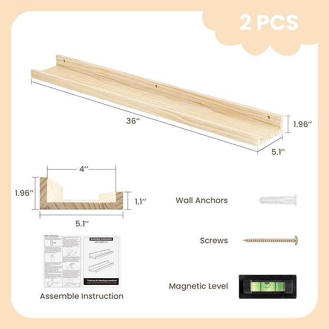 Fun Memories Picture Ledge Shelf, Pine Wood Floating Shelves Set of 2, 36 inch Nursery Book Shelves, Photo Ledge Book Shelves Wall Mounted for Living Room Kids' Room Bedroom - Natural
