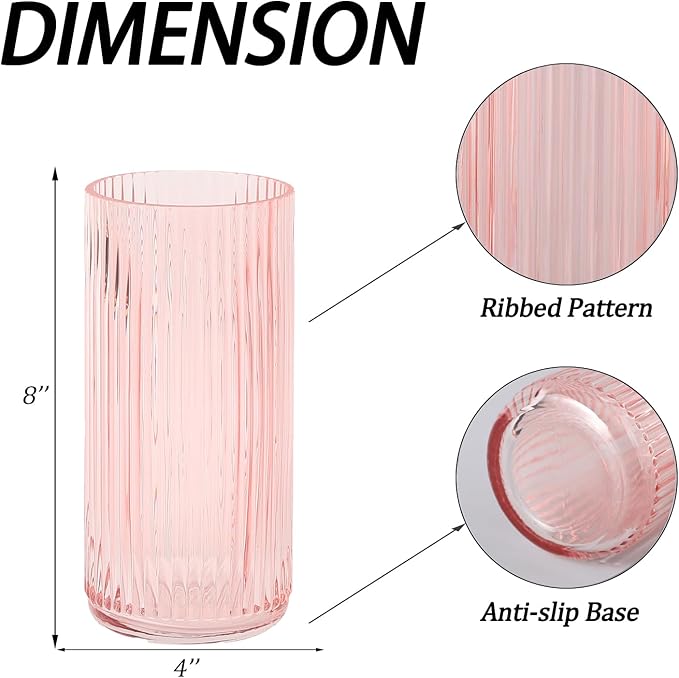 Ribbed Glass Vase, Flower Vases for Bouquet, Pink Glass Vases for Flowers, Modern Ribbed Vase for Living Room, Bathroom, Dining Table, Office, Wedding, Centerpieces, 8 Inches
