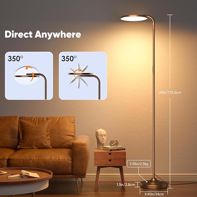 SIBRILLE 36W LED Floor Lamp, Super Bright Standing Lamp, Modern Stepless Dimmable Torchiere Tall Lamp with Remote Control, 350°Rotating Head Reading Floor Lamp for Living Room, Bedroom, Office - Brown