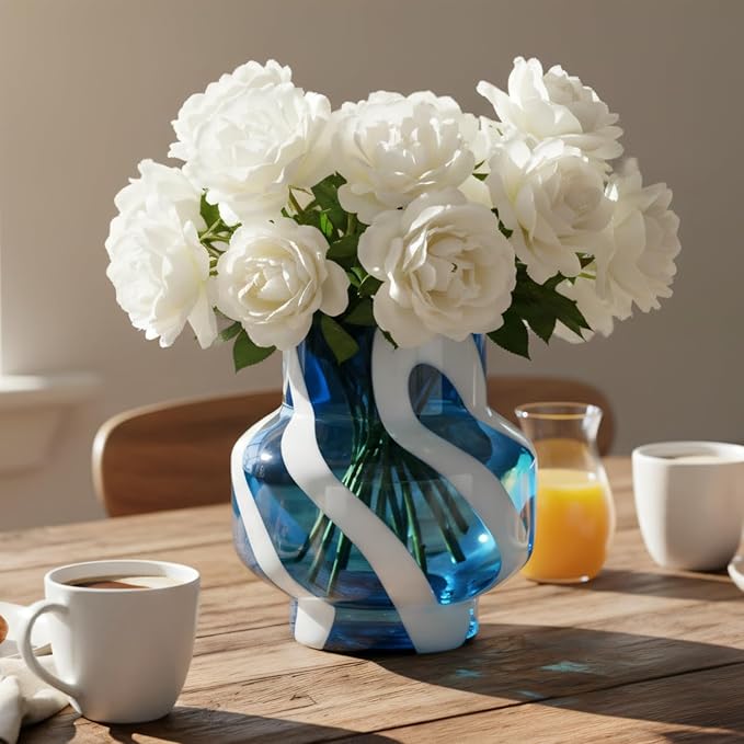 Torre & Tagus 8" White Striped Blue Vase for Flowers - Hand Blown Blue & White Art Glass Vase Modern Home Decor, Large Table Centerpiece for Living Room Consoles, Dining Tables, Modern Art Displays