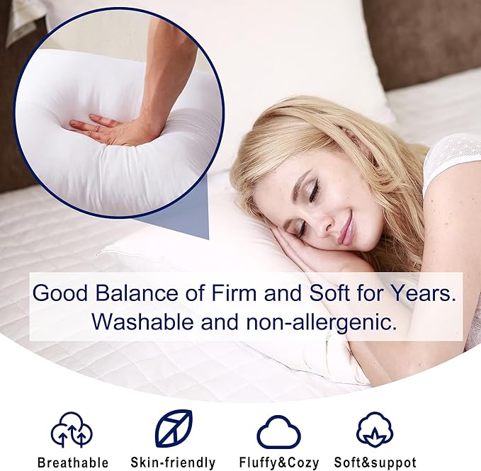 HITO 20x20 Pillow Inserts (Set of 2) - Down Alternative 100% Cotton Cover Decorative Square Throw Pillows White for Couch Bed Sofa