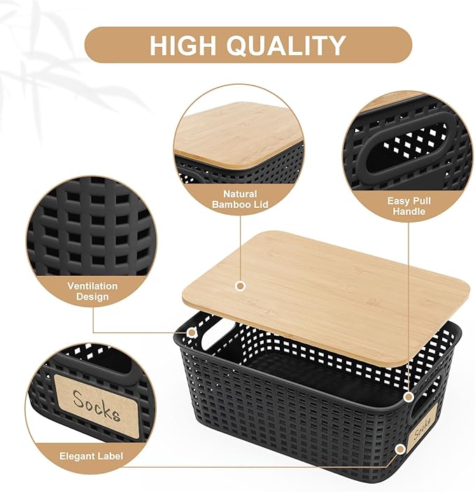 Plastic Storage Bins with Bamboo Lid - Stackable Pantry Storage Organizer with Lid - Storage Basket with Lable for Organizing: Small Storage Box for Shelves Cabinet Office Drawer Desktop 10x7x4in 6Pcs