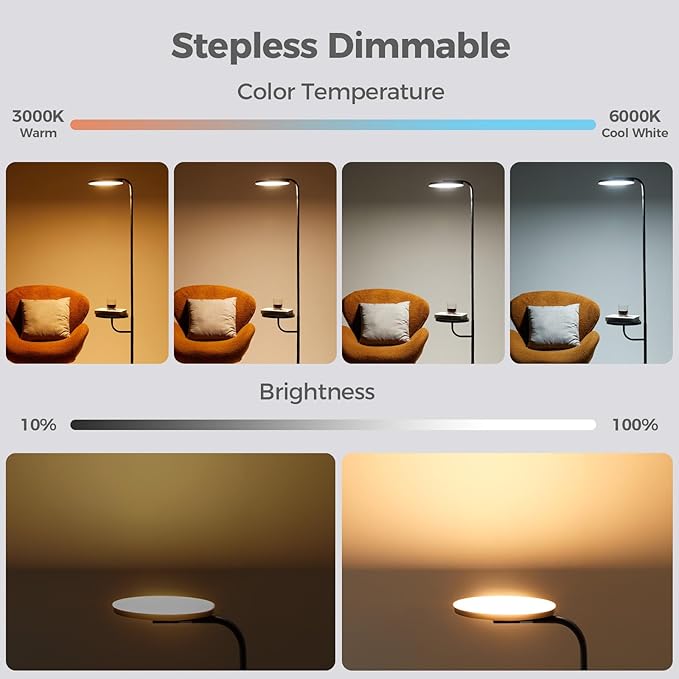 Floor Lamp with Table & Shelves,LED Stepless Dimmable Torchiere with Remote & Touch Control, 350° Rotating Head Reading Floor Lamp for Living Room, Bedroom, Office