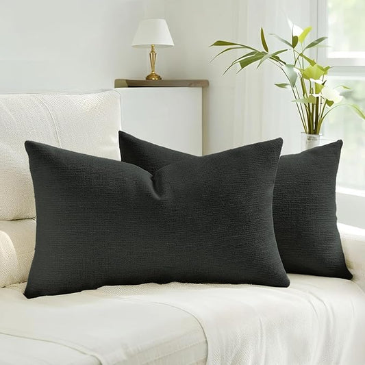 HAUSSY Black Throw Pillow Covers 12x20 Inch Set of 2,Boho Decorative Faux Linen Lumber Throw Pillows Cozy Farmhouse Accent Cushion Covers,Home Decor for Couch Sofa Bed Living Room