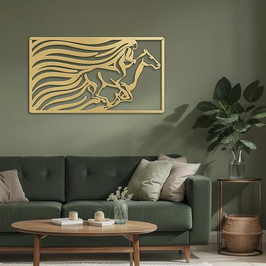 SIGNLEADER Metal Wall Art Decor A Man Riding Horse Minimalist Modern Abstract Wall Sculpture Hangings Home Decoration for Living Room, Bedroom, Bathroom, Kitchen, Outdoor - 18" Gold