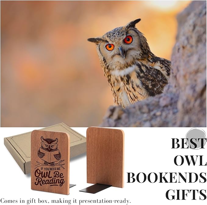 Owl Gifts for Women Men, Owl Bookends, Heavy Duty Wooden Book Ends for Shelves Decorative(1 Pair, 4.72x6.69 Inches)