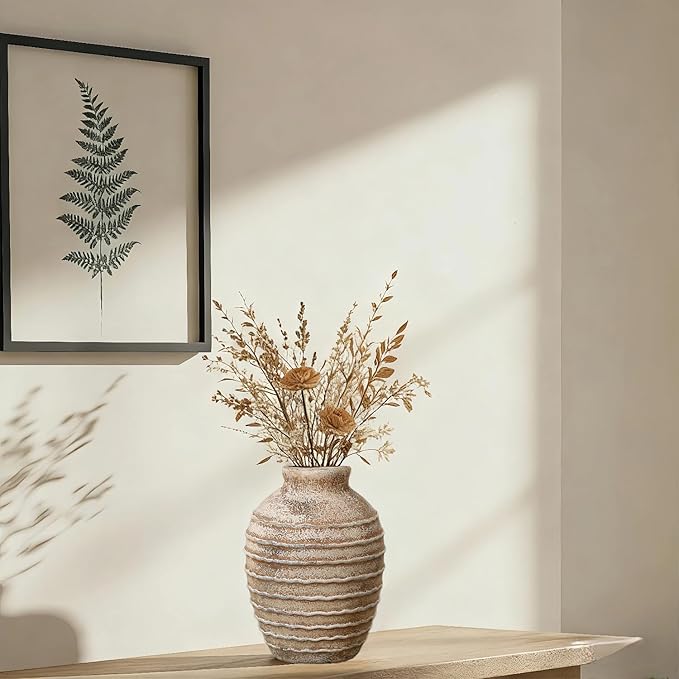 Ceramic Flower Vase, 6.7 inch Farmhouse Rustic Vintage Vases for Home Decor Table Living Room Entryway Book Shelf Fireplace Centerpiece (Rust)