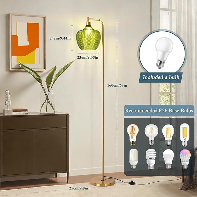 JERANDO Gold Floor Lamp for Living Room, Modern Standing Lamp with Remote, 3CCT Dimmable Stained Glass Tall Lamp with Green Lampshade, Mid Century Vintage Floor Lamps for Bedroom, Study Room (Green)