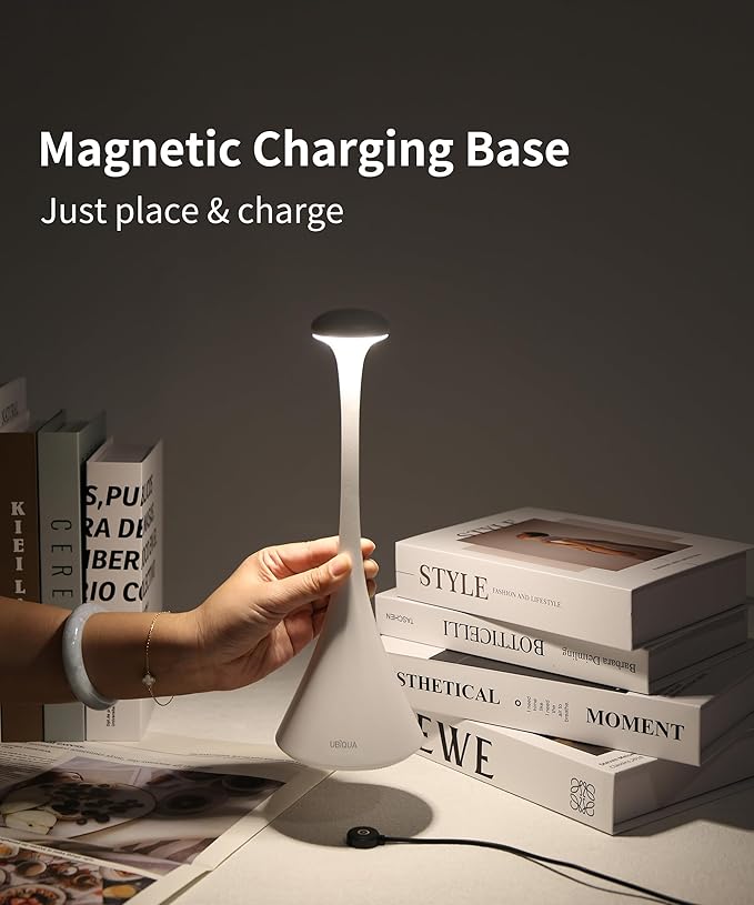 Retro Cordless Table Lamp - Pinup, Beside Touch Lamp with Magnetic Charging, Dimmable & Adjustable Lighting - Rechargeable LED Lamp for HoReCa, Bedroom, Living Room, Outdoor Use (White)