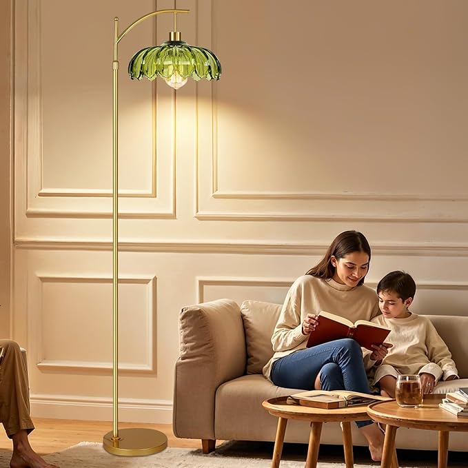ZECOXOL Gold Floor Lamps for Living Room Vintage Green Floor Lamp with Remote Control & Glass Lampshape,Dimmable Mid Century Modern Standing Lamp Tall Flower Lamp Brass Floor lamp for Bedroom Corner