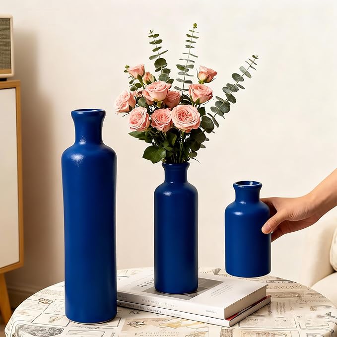 Ceramic Vase Set of 3, Modern Rustic Farmhouse Vases Home Decor, Pampas Vase for Table Centerpiece, Kitchen, Living Room, Table Shelf, Office Decor, Fireplace and Entrance Decorations
