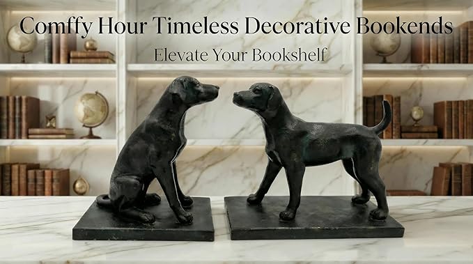 Comfy Hour Dog Bookends, Black Resin Decorative Book Ends, Heavy Duty Book Holder for Shelves & Office, 9.1 Inch, Home Decor, 1 Pair
