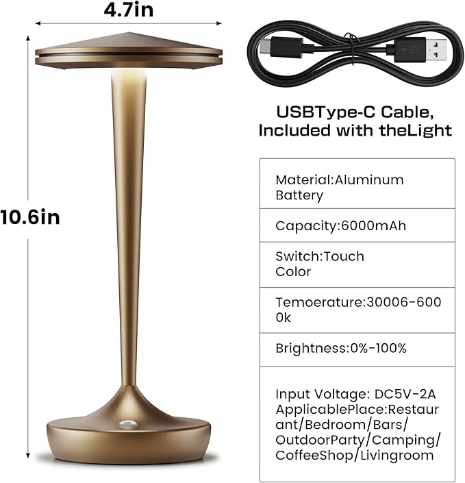 Cordless Lamp Rechargeable LED Table Light,48Hrs Battery Operated Table Lamp,Potable Lamp with Stepless Dimming and Waterproof Lamp for Kitchen,Dining,Shower,Outdoor Patio,Camping (2PBronze)