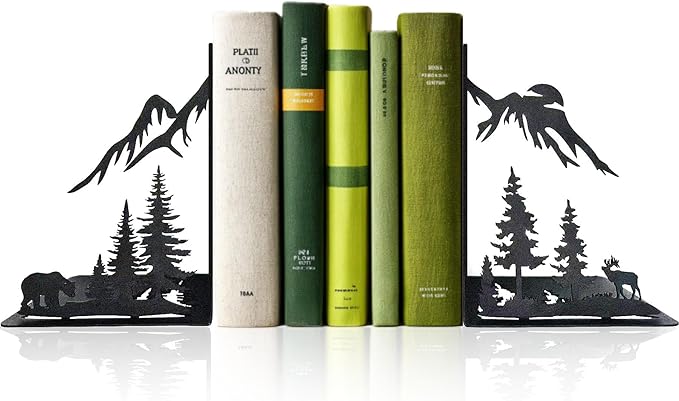 Mountain Forest Book Ends Decorative for Shelves, Cute Metal Bookends for Heavy Books, Unique Laser Cut Book Holders, Black Book Stopper for Home Office, Decorative Bookends for Shelf Decor