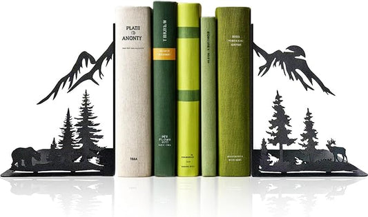 Mountain Forest Book Ends Decorative for Shelves, Cute Metal Bookends for Heavy Books, Unique Laser Cut Book Holders, Black Book Stopper for Home Office, Decorative Bookends for Shelf Decor