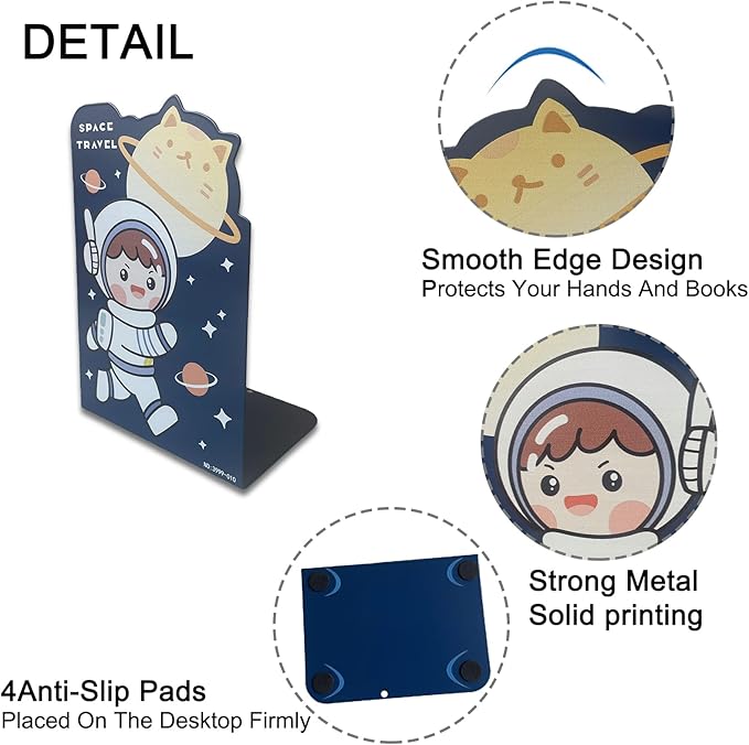 2 Pack Metal Bookends,Non-Slip Cartoon Boy Astronauts Book Stopper,5.3"x3.9"x8"Heavy Duty Premium Space-Themed Decorative Book End, Supports for Kids Children Shelves,School,Room,Office,Learning Gifts