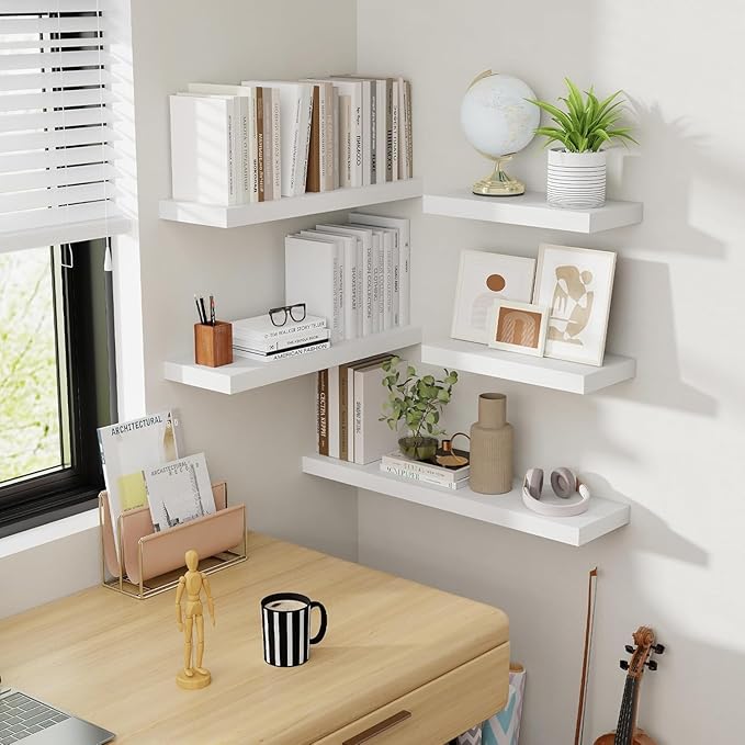 55 Inch Floating Shelves, 8 Inch Deep Floating Shelves for Wall, Hanging Shelf with Invisible Brackets, Deep Shelves for Bathroom, Bedroom, Living Room, White, Set of 2