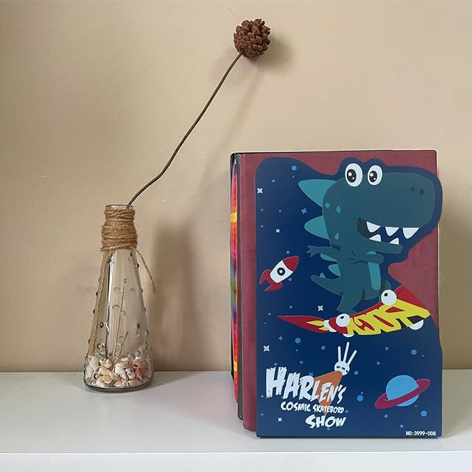 2 Pack Metal Bookends,5.3"x3.9"x8"Non-Slip Darkblue Cartoon Dinosaur Book Stopper,Heavy Duty Premium Space-Themed Decorative Book End, Supports for Kids Children Shelves,Room,School,Learning Gifts