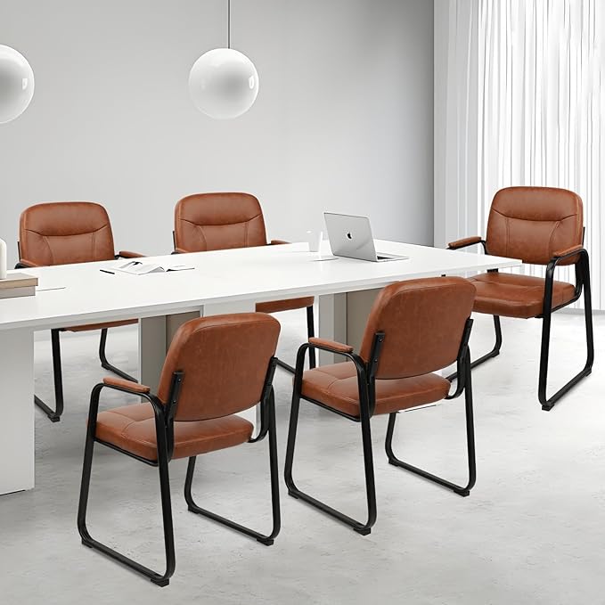 CLATINA Waiting Room Guest Chair with Bonded Leather Padded Arm Rest for Office Reception and Conference Desk Black with Sled Base Brown 1 Pack
